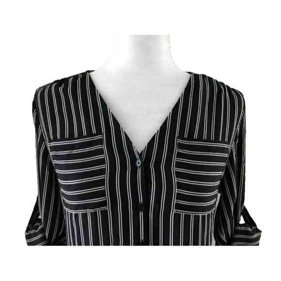 EXPRESS Roll Up Sleeve Blouse Top Size XS Black White Striped V Neck - Picture 2 of 6